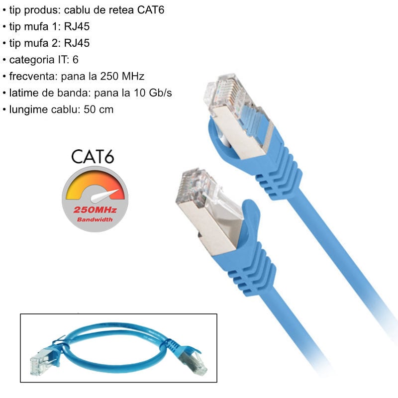 Cablu retea-patchcord CAT6 FTP, Lanberg 43631, 2 X RJ45, lungime 50cm, AWG26, 10Gb/s-250MHz, de legatura retea, ethernet, albastru [6]