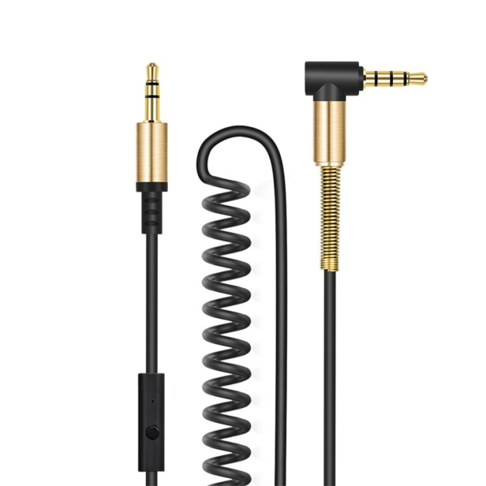 Cablu spiralat audio stereo cu microfon, lungime 2 m, Hoco UPA02-AUX, conector jack 3.5mm tata drept si conector jack 3.5 mm in unghi 90 grade, cu 3 pini, negru [12]