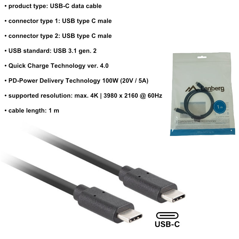 Cablu USB-C 3.1 gen.2 tata-tata, Lanberg 43692, Quick Charge 4.0, Power Delivery 3.0, 10GB/S, PD 100W, 100cm, negru [5]