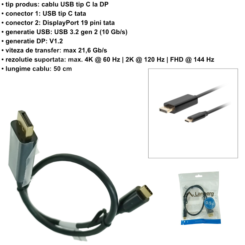 Cablu USB-C la DisplayPort, 0.5m, tata-tata, Lanberg 43679, HDR, DPCP 1.0, 4K-60Hz, negru [6]