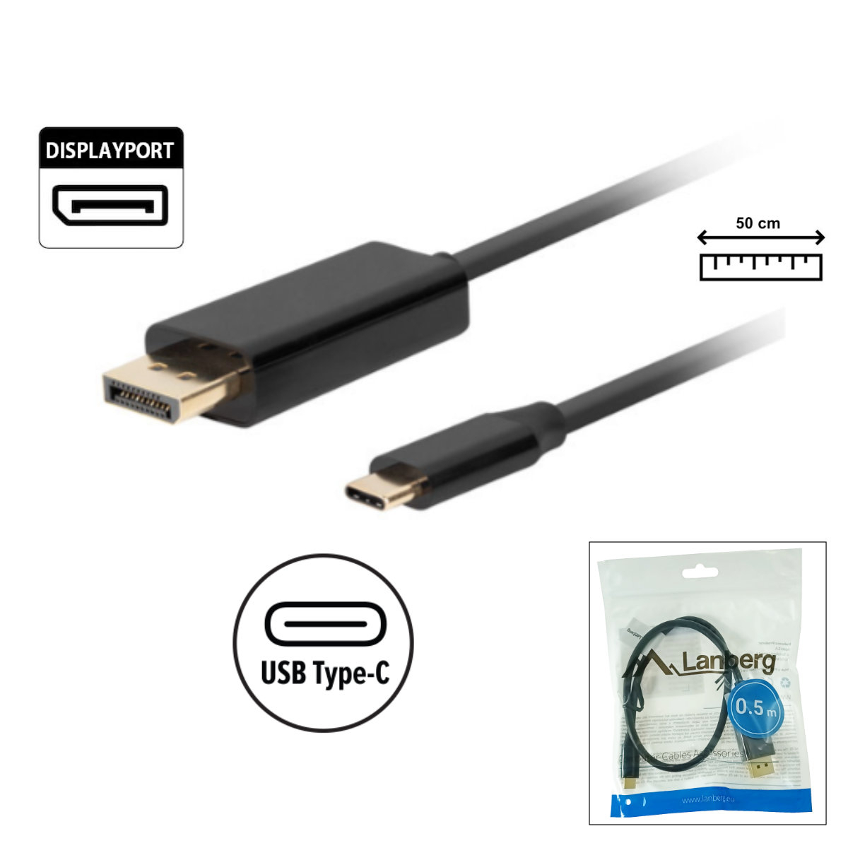 Cablu USB-C la DisplayPort, 0.5m, tata-tata, Lanberg 43679, HDR, DPCP 1.0, 4K-60Hz, negru [2]