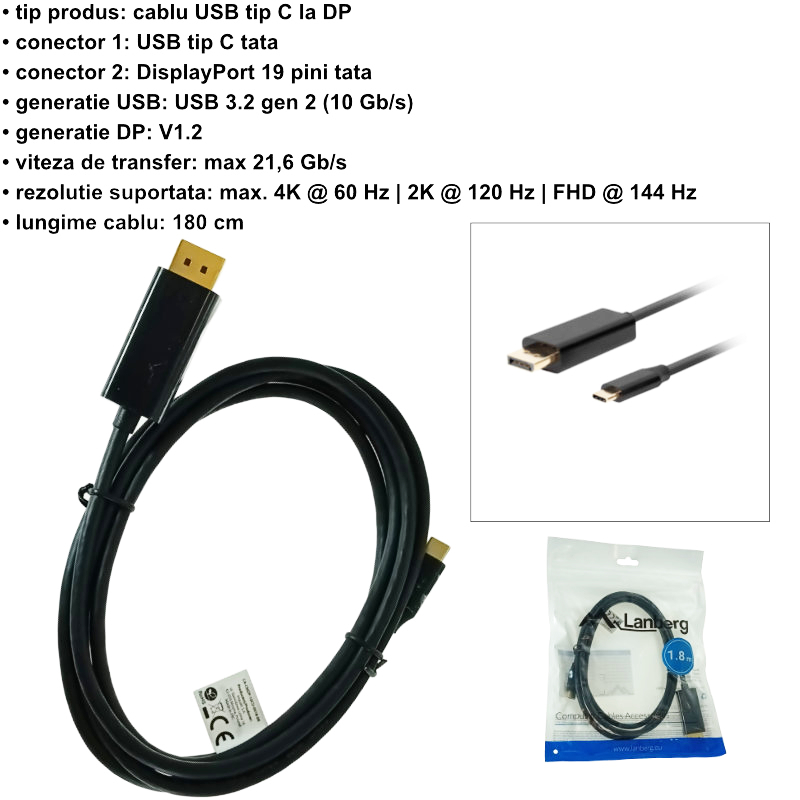 Cablu USB-C la DisplayPort, 1.8m, tata-tata, Lanberg 43681, HDR, DPCP 1.0, 4K-60Hz, negru [7]