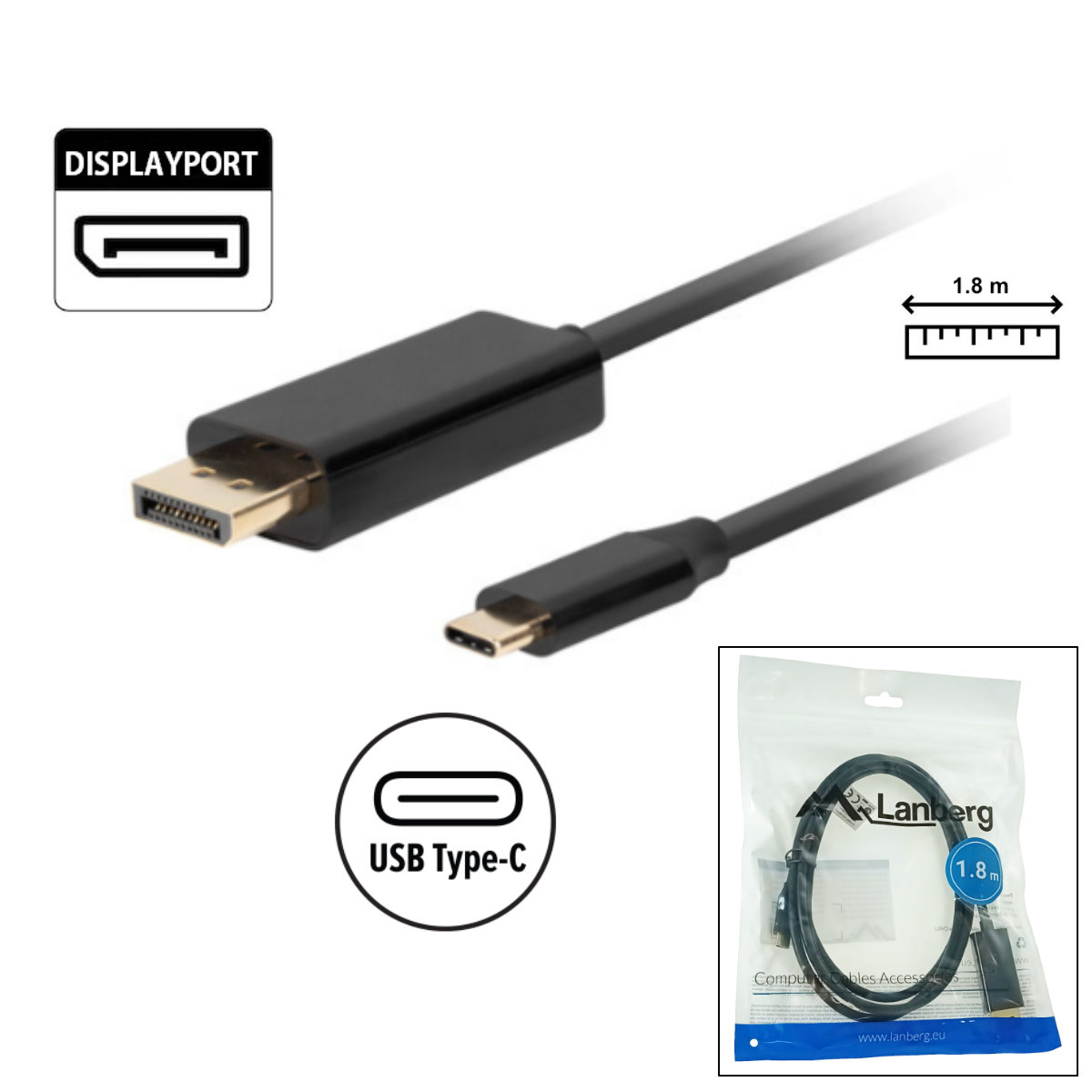 Cablu USB-C la DisplayPort, 1.8m, tata-tata, Lanberg 43681, HDR, DPCP 1.0, 4K-60Hz, negru [2]