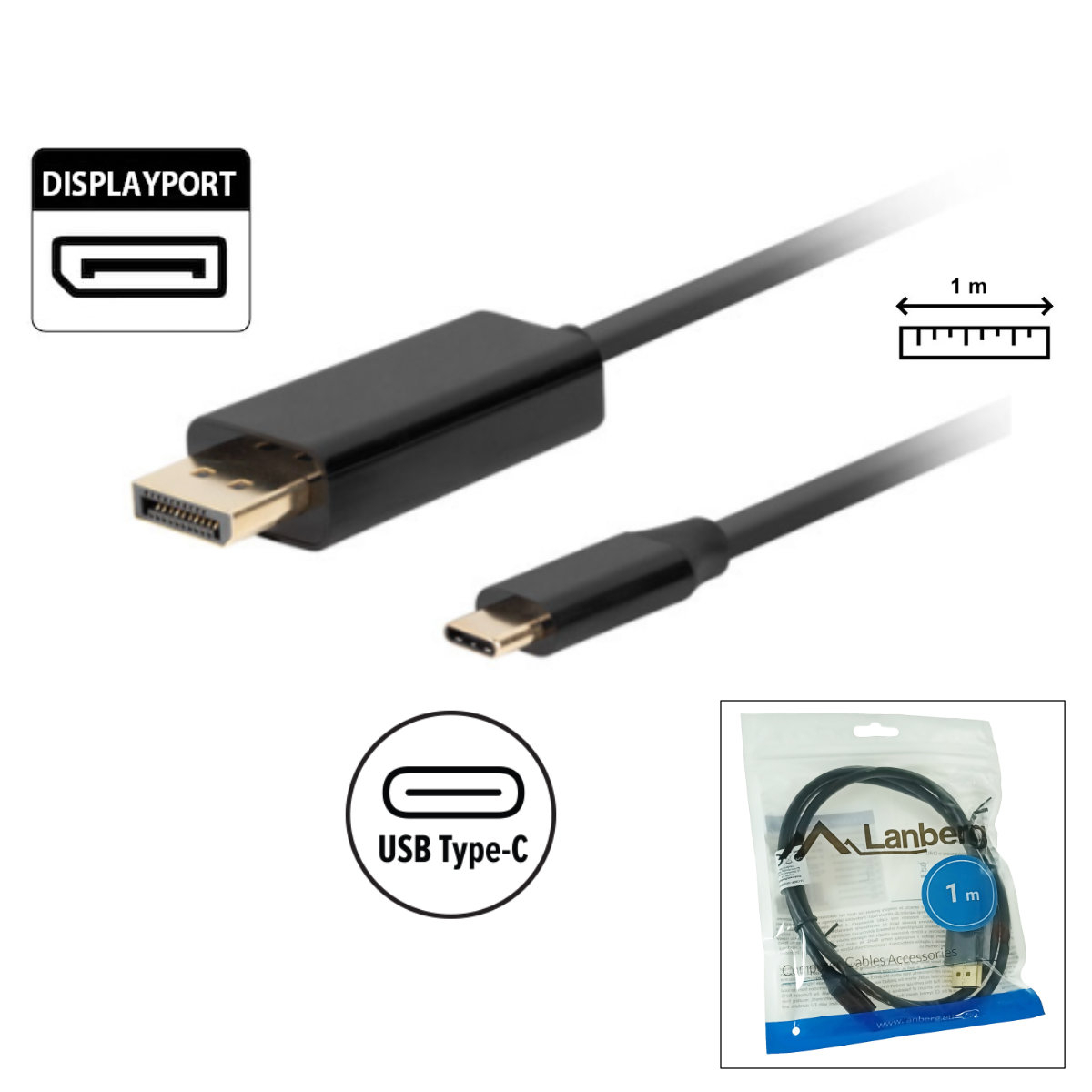Cablu USB-C la DisplayPort, 1m, tata-tata, Lanberg 43680, HDR, DPCP 1.0, 4K-60Hz, negru [2]