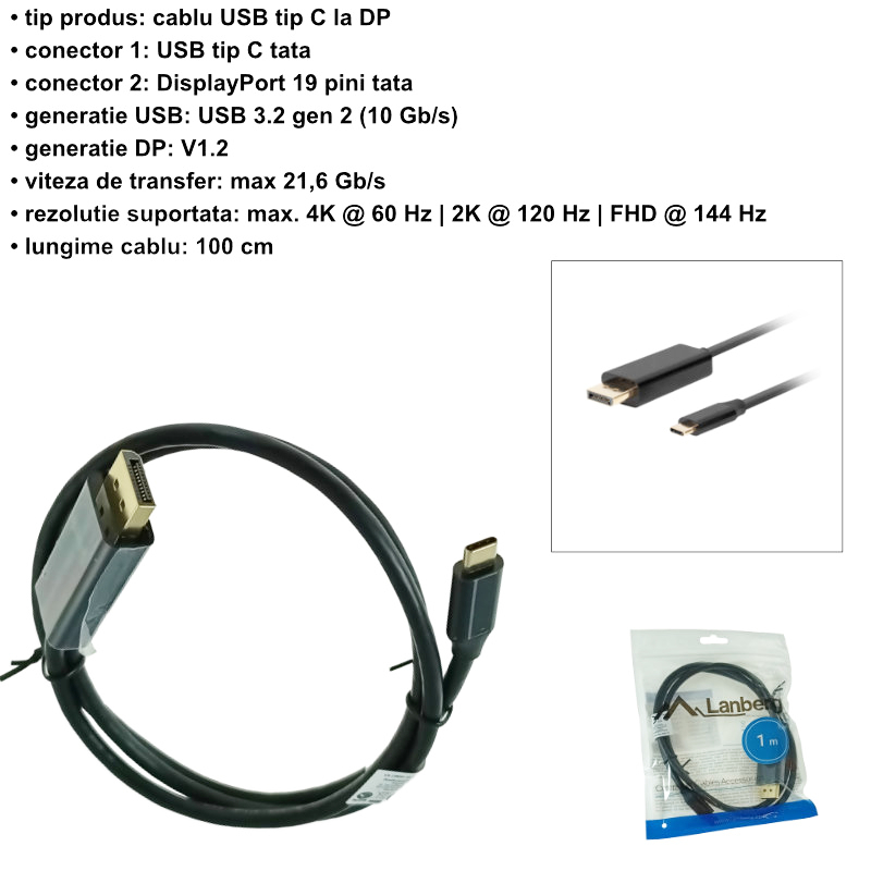 Cablu USB-C la DisplayPort, 1m, tata-tata, Lanberg 43680, HDR, DPCP 1.0, 4K-60Hz, negru [7]