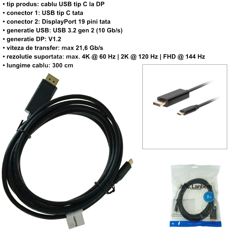 Cablu USB-C la DisplayPort, 3m, tata-tata, Lanberg 43682, HDR, DPCP 1.0, 4K-60Hz, negru [8]