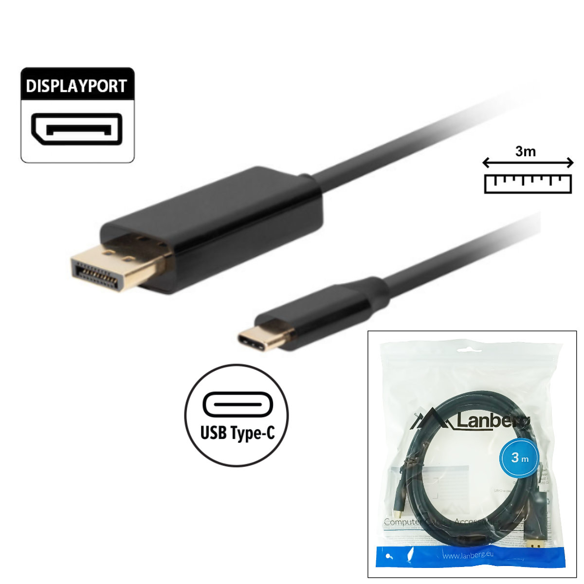 Cablu USB-C la DisplayPort, 3m, tata-tata, Lanberg 43682, HDR, DPCP 1.0, 4K-60Hz, negru [2]