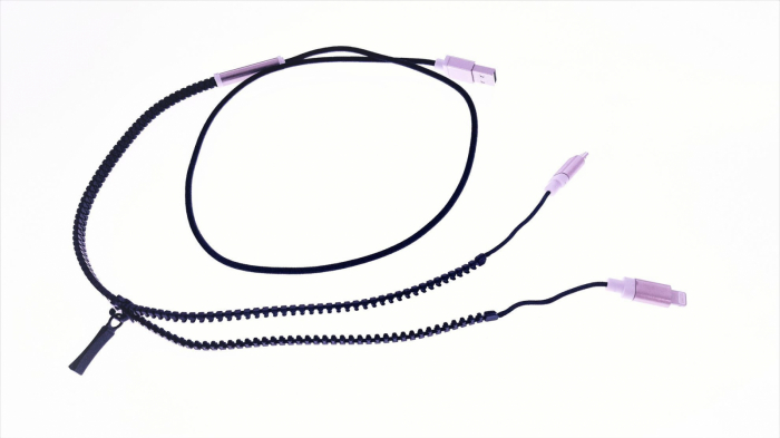Cablu USB cu conector microUSB si conector compatibil lightning , model zipper, negru [2]