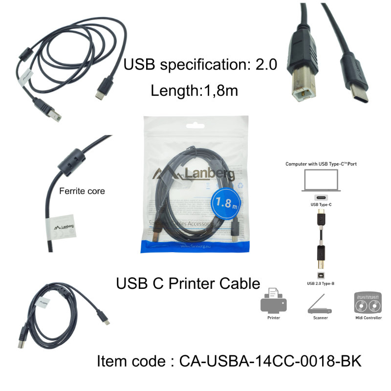Cablu USB tip C imprimanta USB 2.0, 1.8 m, Lanberg 42979, USB B la USB-C, cu miez de ferita, negru [6]