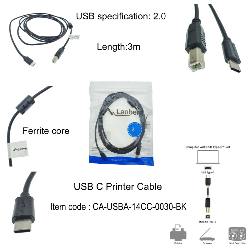 Cablu USB tip C imprimanta USB 2.0, 3 m, Lanberg 42980, USB B la USB-C, cu miez de ferita, negru [14]