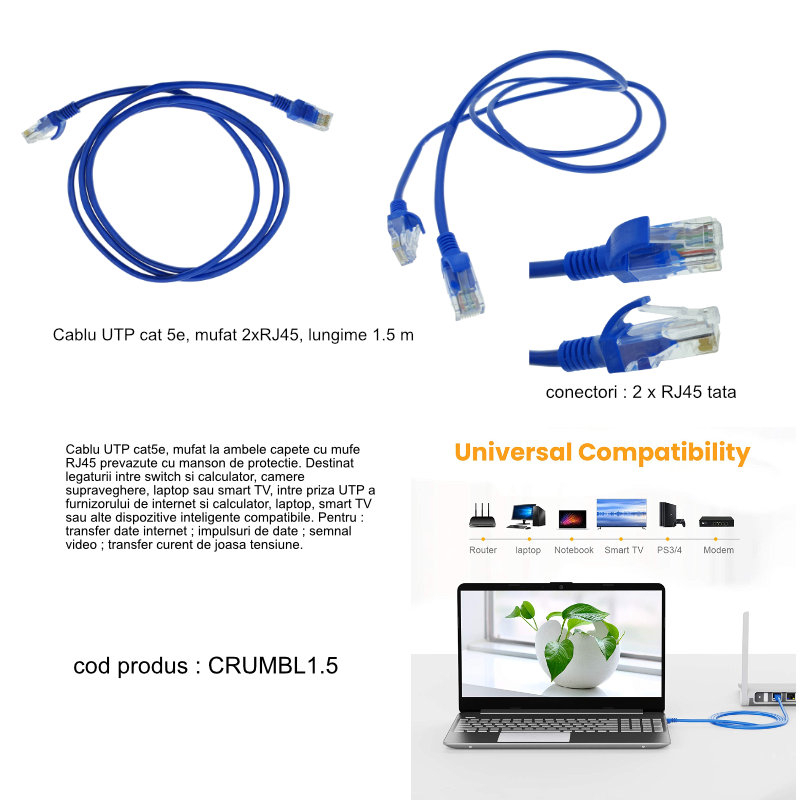 Cablu UTP cat 5e, mufat 2xRJ45, lungime 1.5 m, AWG 26, 100 MHz, de legatura retea, ethernet, albastru [12]