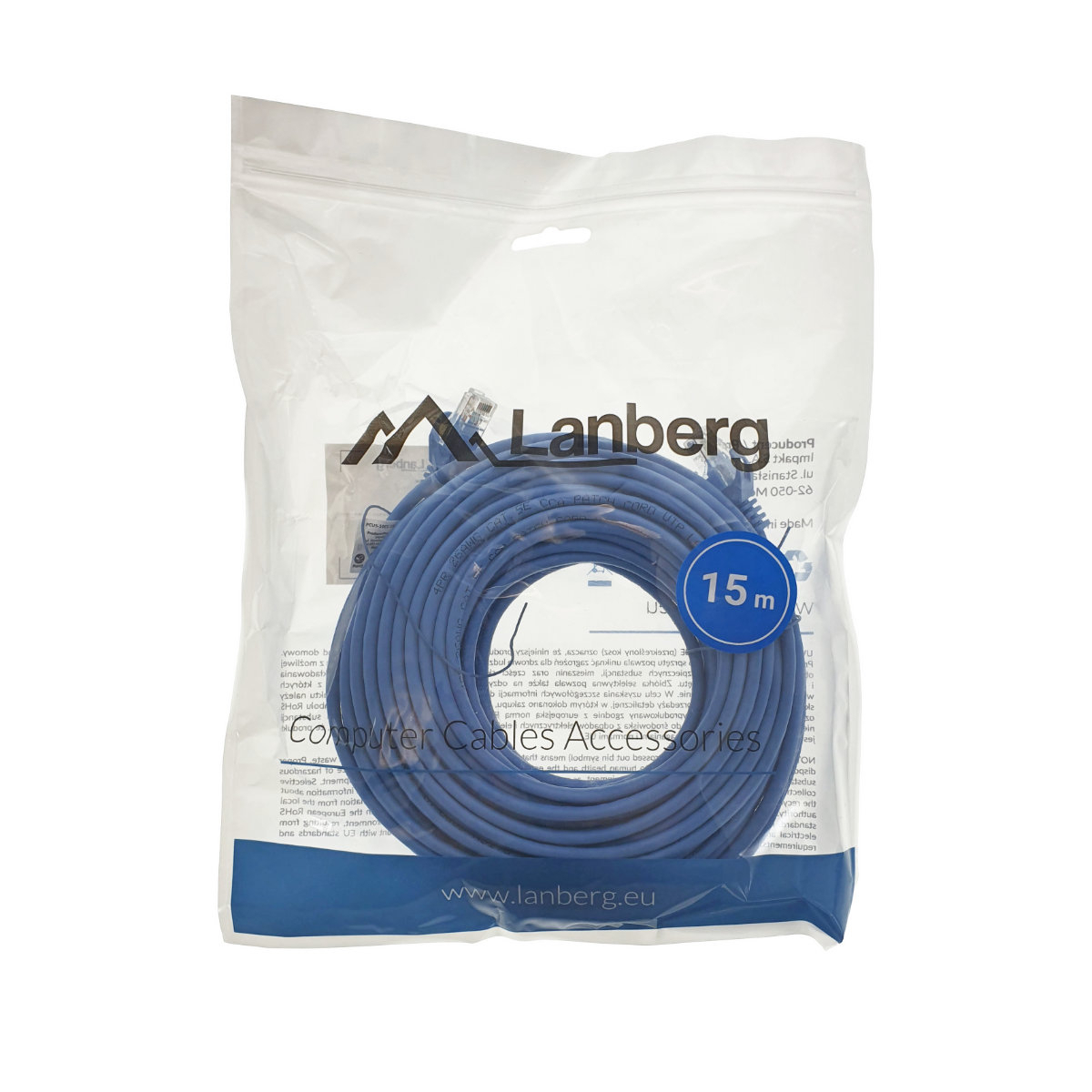 Cablu UTP, Lanberg 40458, cat.5e, mufat 2xRJ45, lungime 15m, AWG 26, 100 MHz, de legatura retea, ethernet, albastru [8]