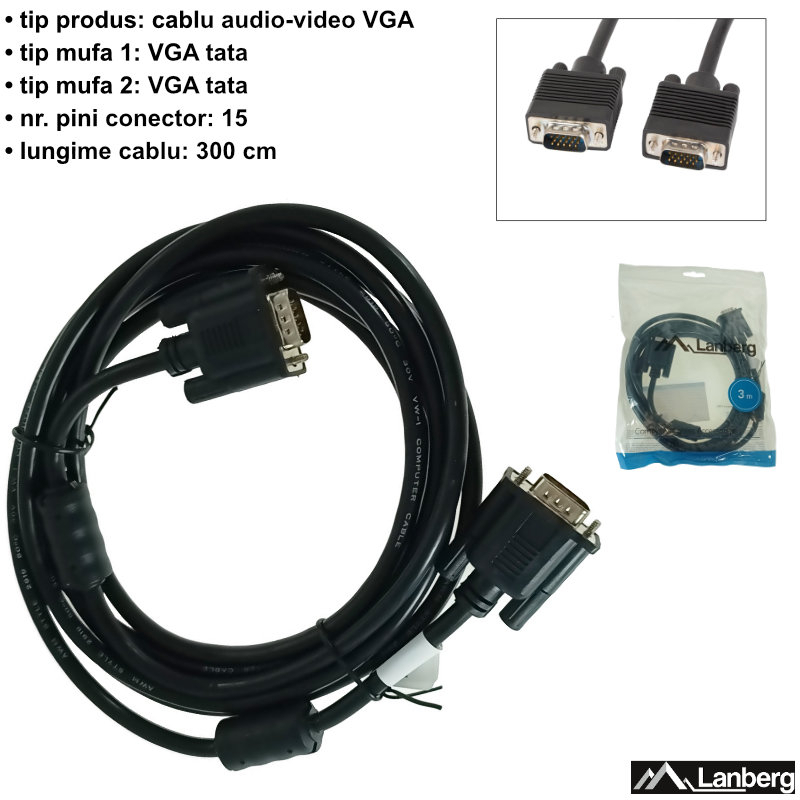 Cablu VGA tata-tata, lungime 3m, Lanberg 41389, ecranare dubla si miez ferita, negru [6]