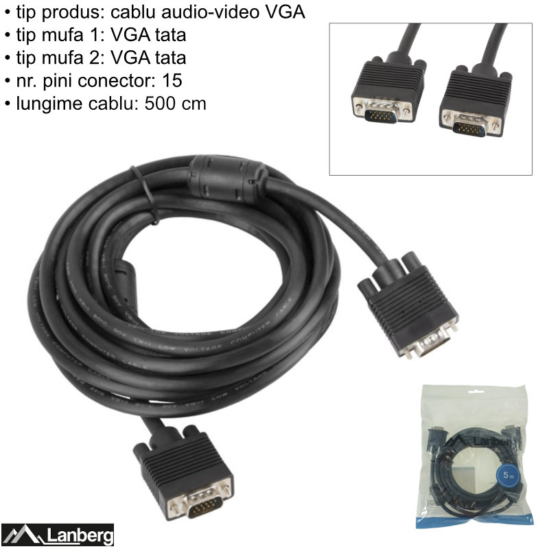 Cablu VGA tata-tata, lungime 5m, Lanberg 41390, ecranare dubla si miez ferita, negru [6]