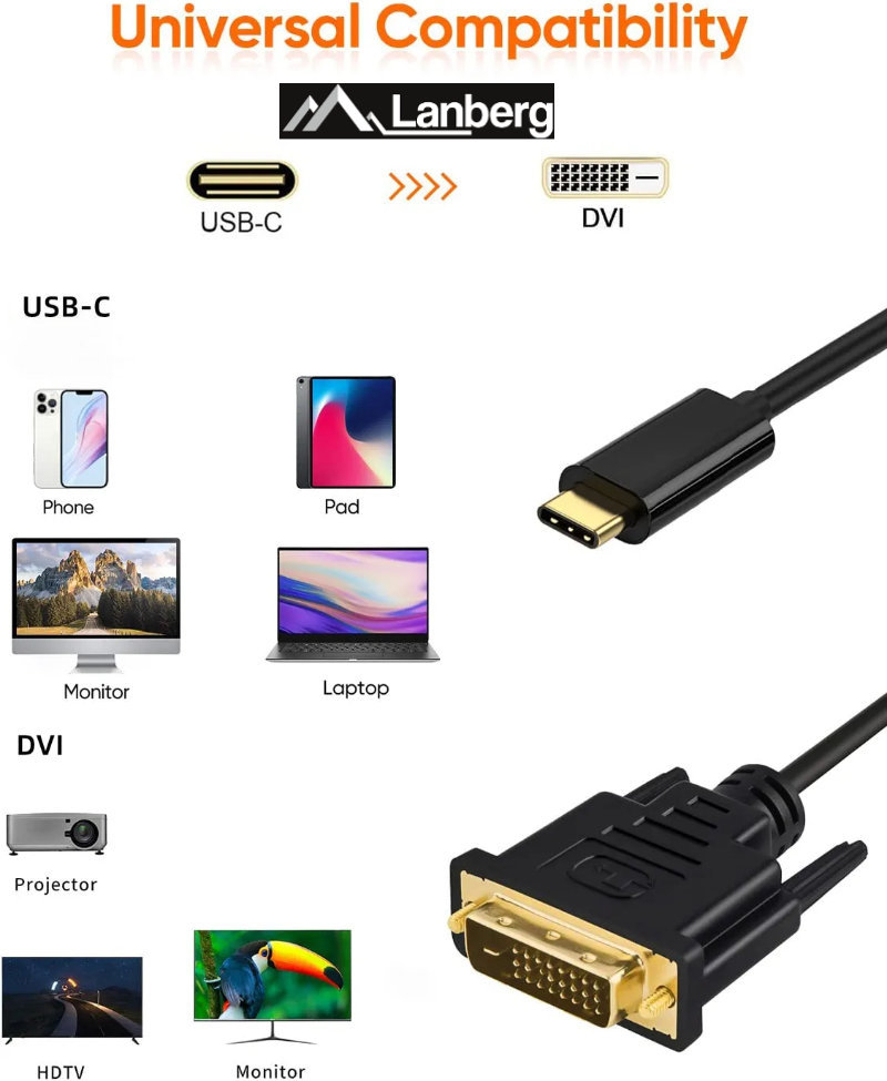 Cablu video USB-C la DVI-D 24+1 pini, 1m, tata-tata, dual link, HDR, Lanberg 43684, 4K-60Hz, negru [9]