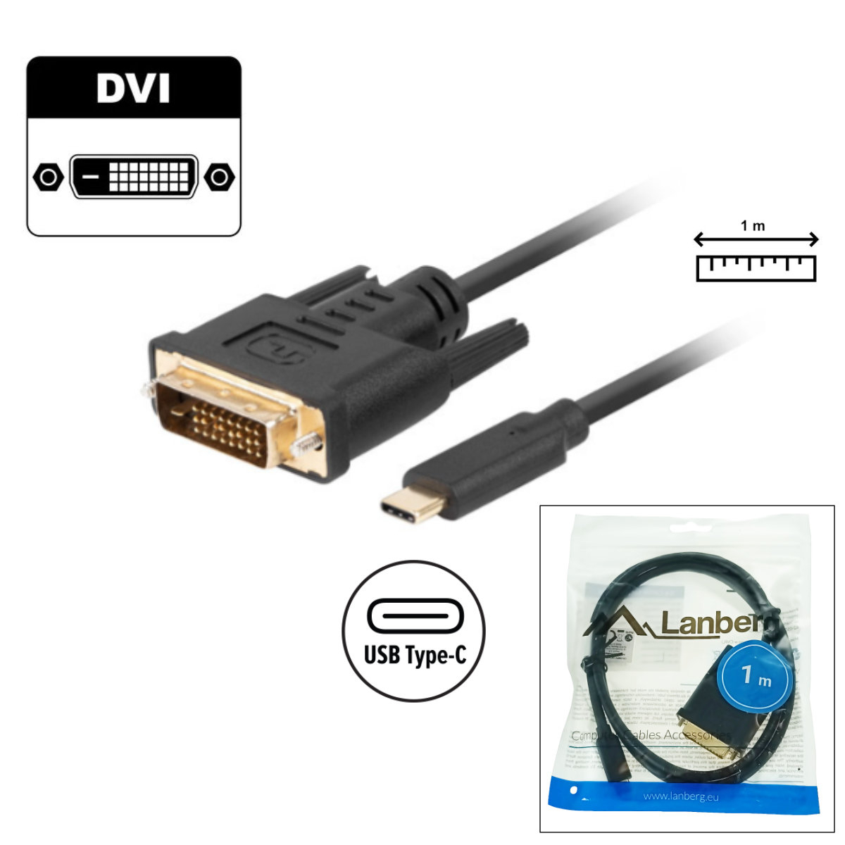 Cablu video USB-C la DVI-D 24+1 pini, 1m, tata-tata, dual link, HDR, Lanberg 43684, 4K-60Hz, negru [2]