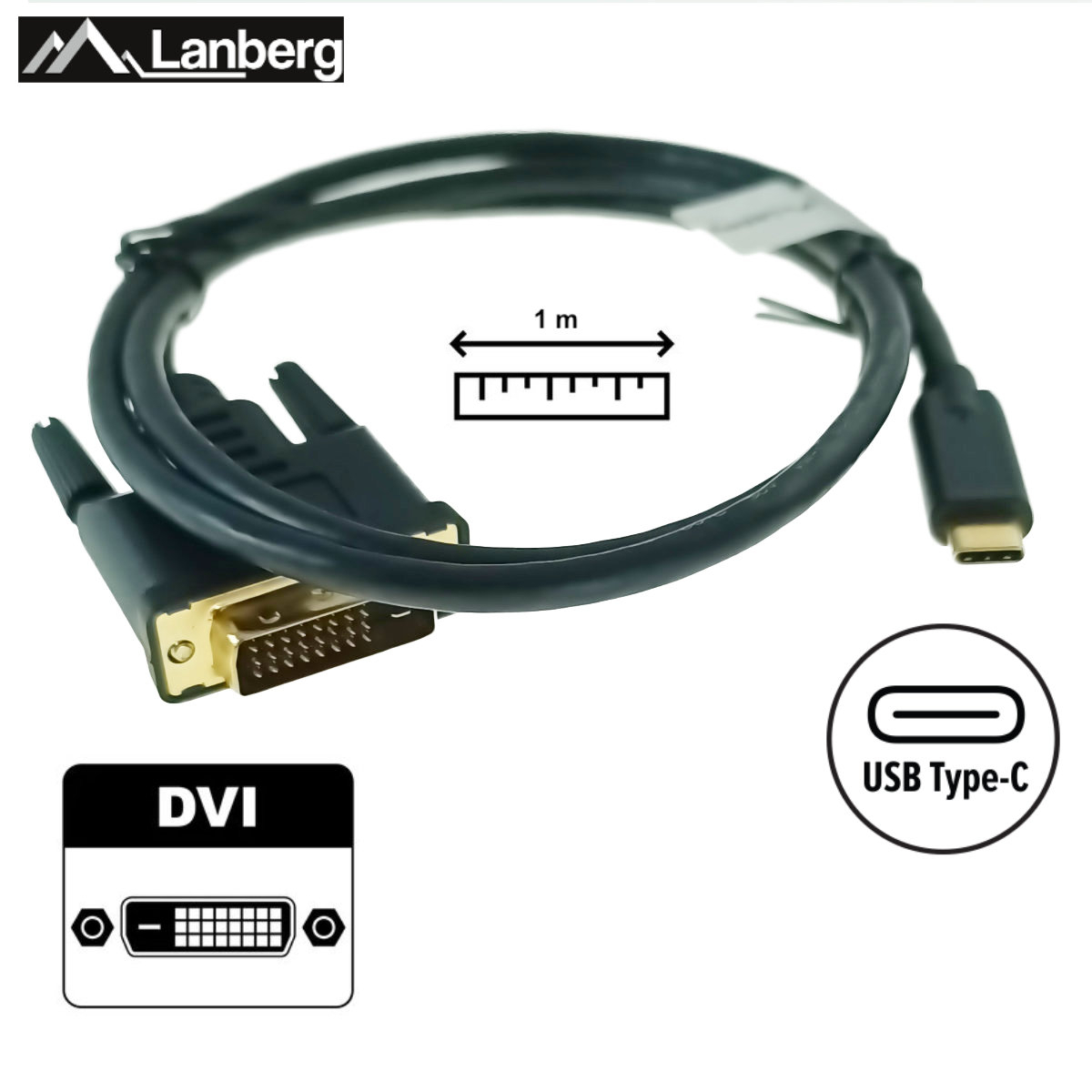 Cablu video USB-C la DVI-D 24+1 pini, 1m, tata-tata, dual link, HDR, Lanberg 43684, 4K-60Hz, negru [5]