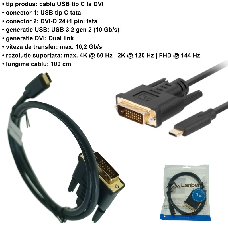 Cablu video USB-C la DVI-D 24+1 pini, 1m, tata-tata, dual link, HDR, Lanberg 43684, 4K-60Hz, negru [7]