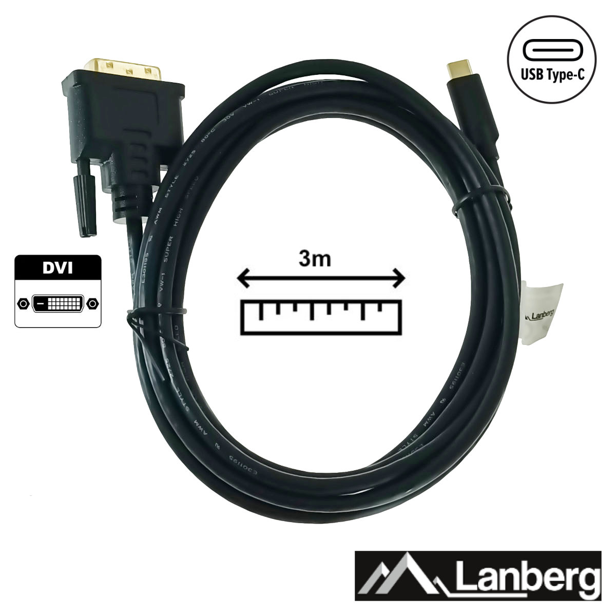 Cablu video USB-C la DVI-D 24+1 pini, 3m, tata-tata, dual link, HDR, Lanberg 43686, 4K-60Hz, negru [3]