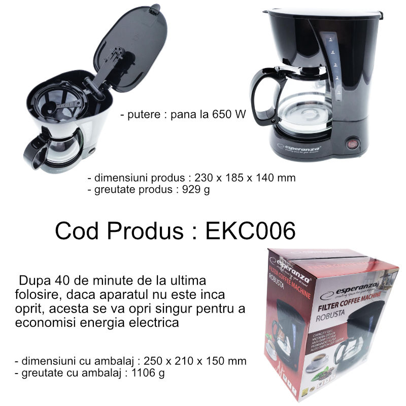 Cafetiera cu filtru reutilizabil, Esperanza Robusta, capacitate 0.6 l, 650 W, sistem anti-scurgere, neagra [7]