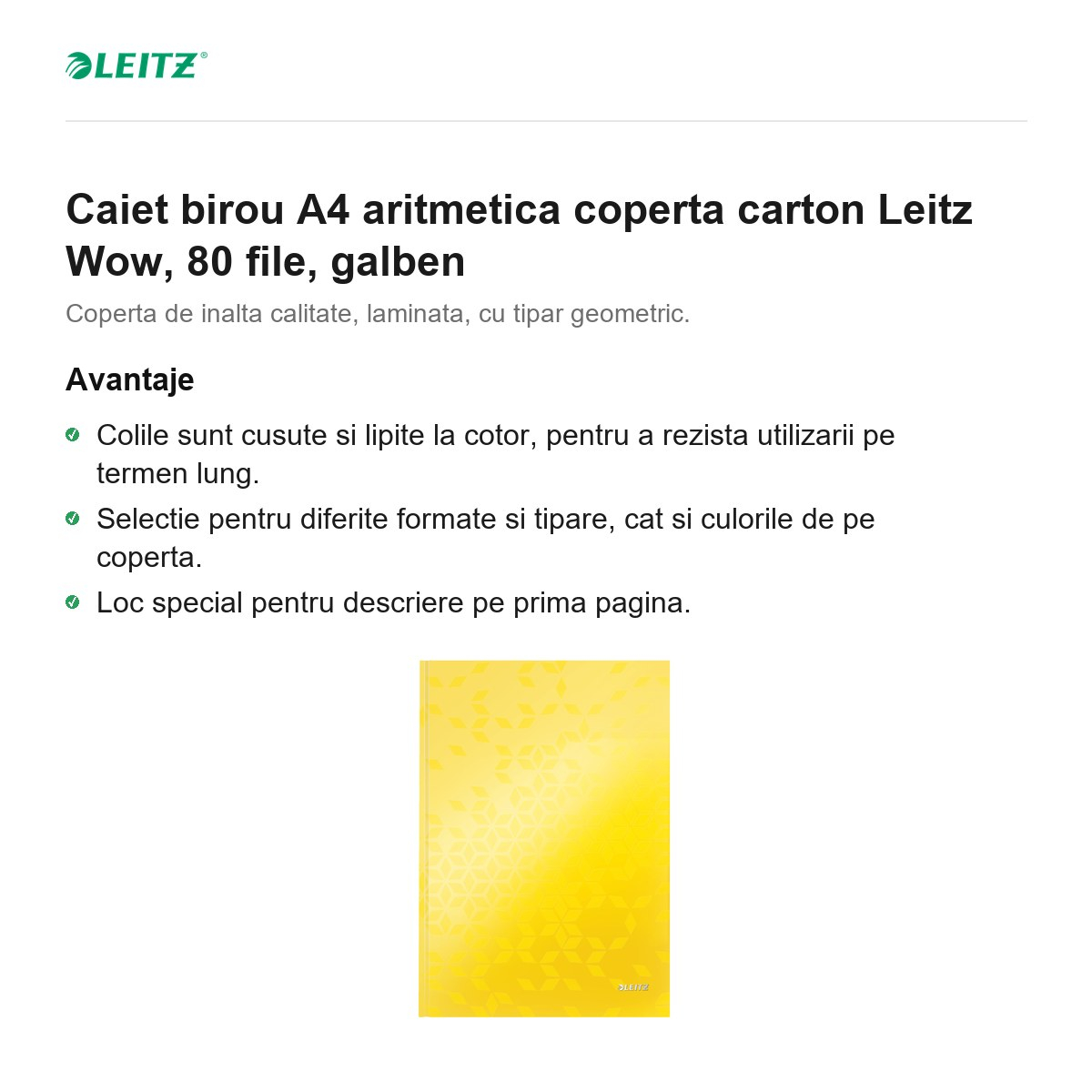 Caiet birou A4 aritmetica coperta carton Leitz Wow, 80 file, galben [2]