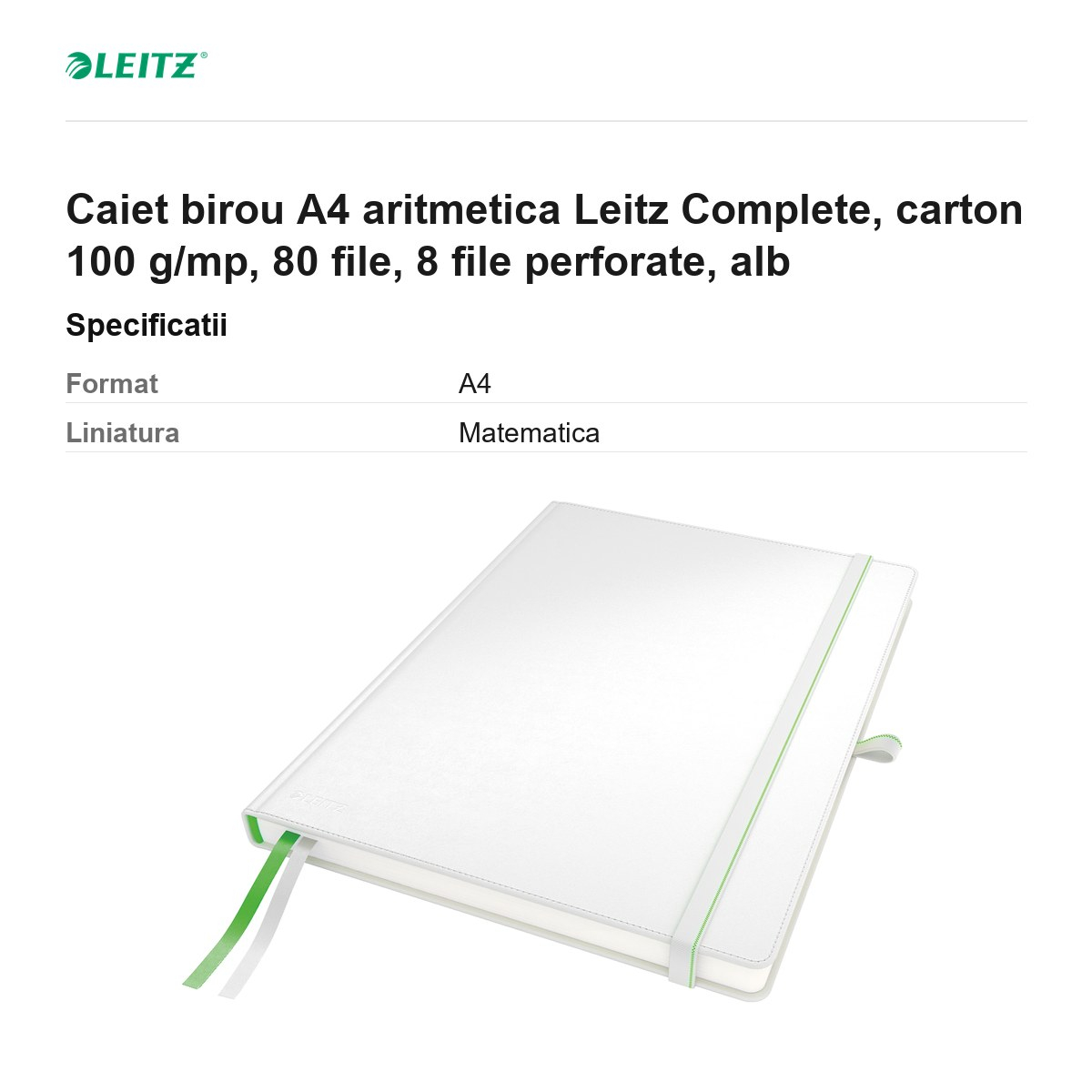 Caiet birou A4 aritmetica Leitz Complete, carton 100 g/mp, 80 file, 8 file perforate, alb [3]