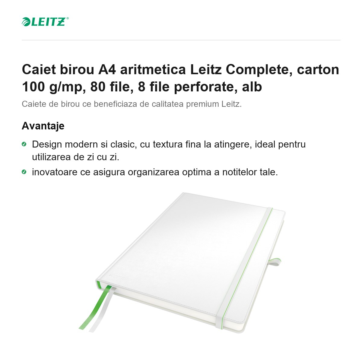 Caiet birou A4 aritmetica Leitz Complete, carton 100 g/mp, 80 file, 8 file perforate, alb [2]