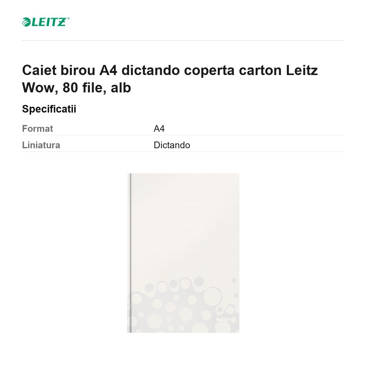 Caiet birou A4 dictando coperta carton Leitz Wow, 80 file, alb [3]