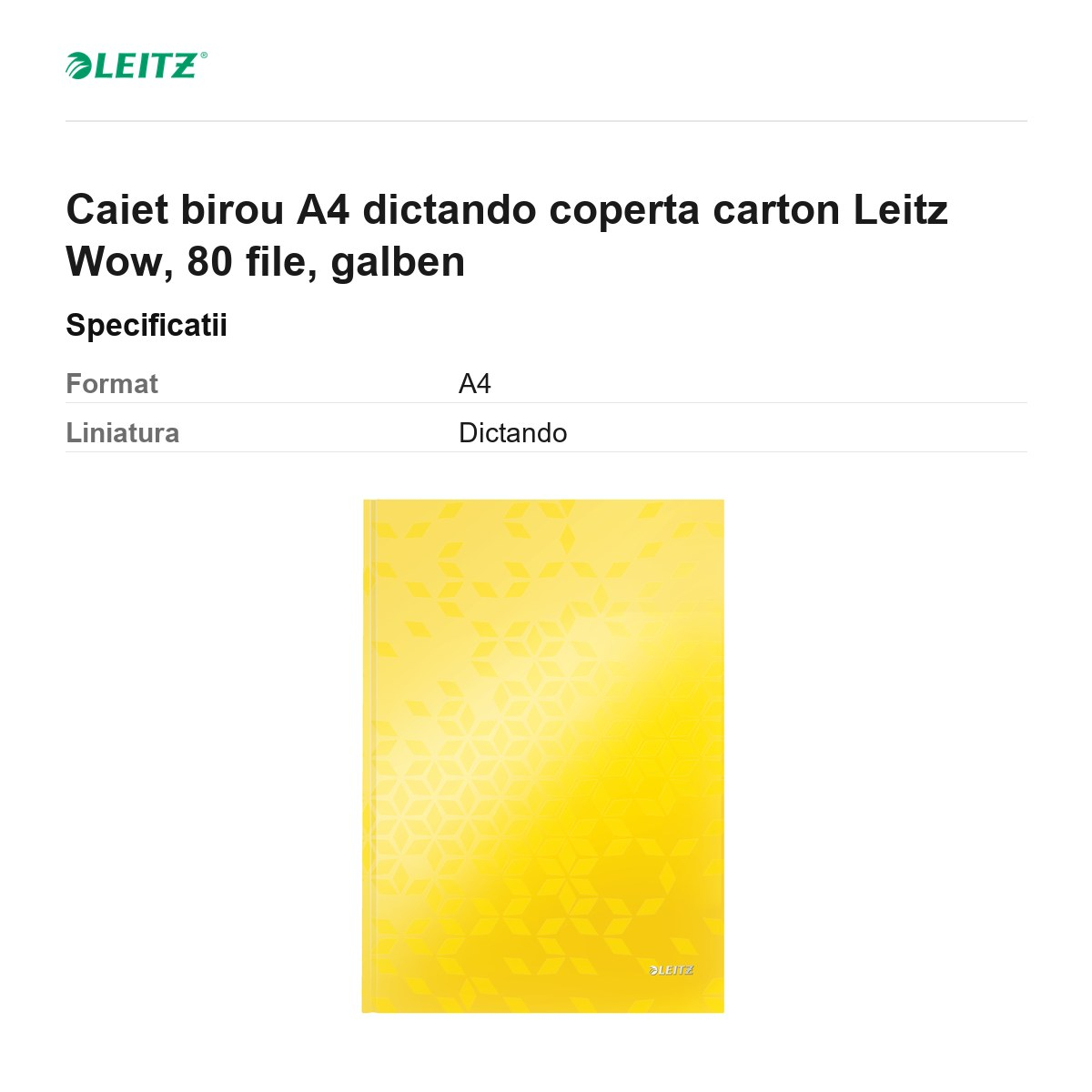 Caiet birou A4 dictando coperta carton Leitz Wow, 80 file, galben [3]