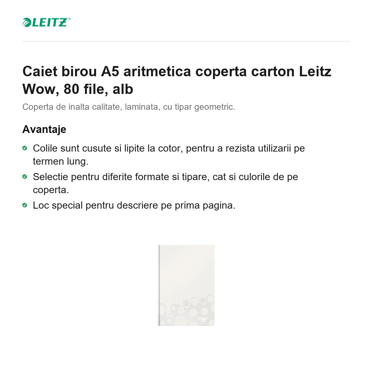 Caiet birou A5 aritmetica coperta carton Leitz Wow, 80 file, alb [2]