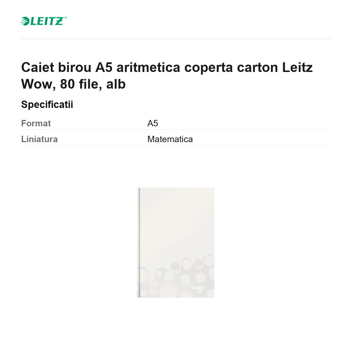 Caiet birou A5 aritmetica coperta carton Leitz Wow, 80 file, alb [3]