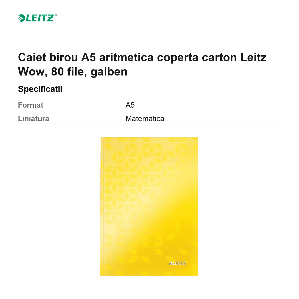 Caiet birou A5 aritmetica coperta carton Leitz Wow, 80 file, galben [3]