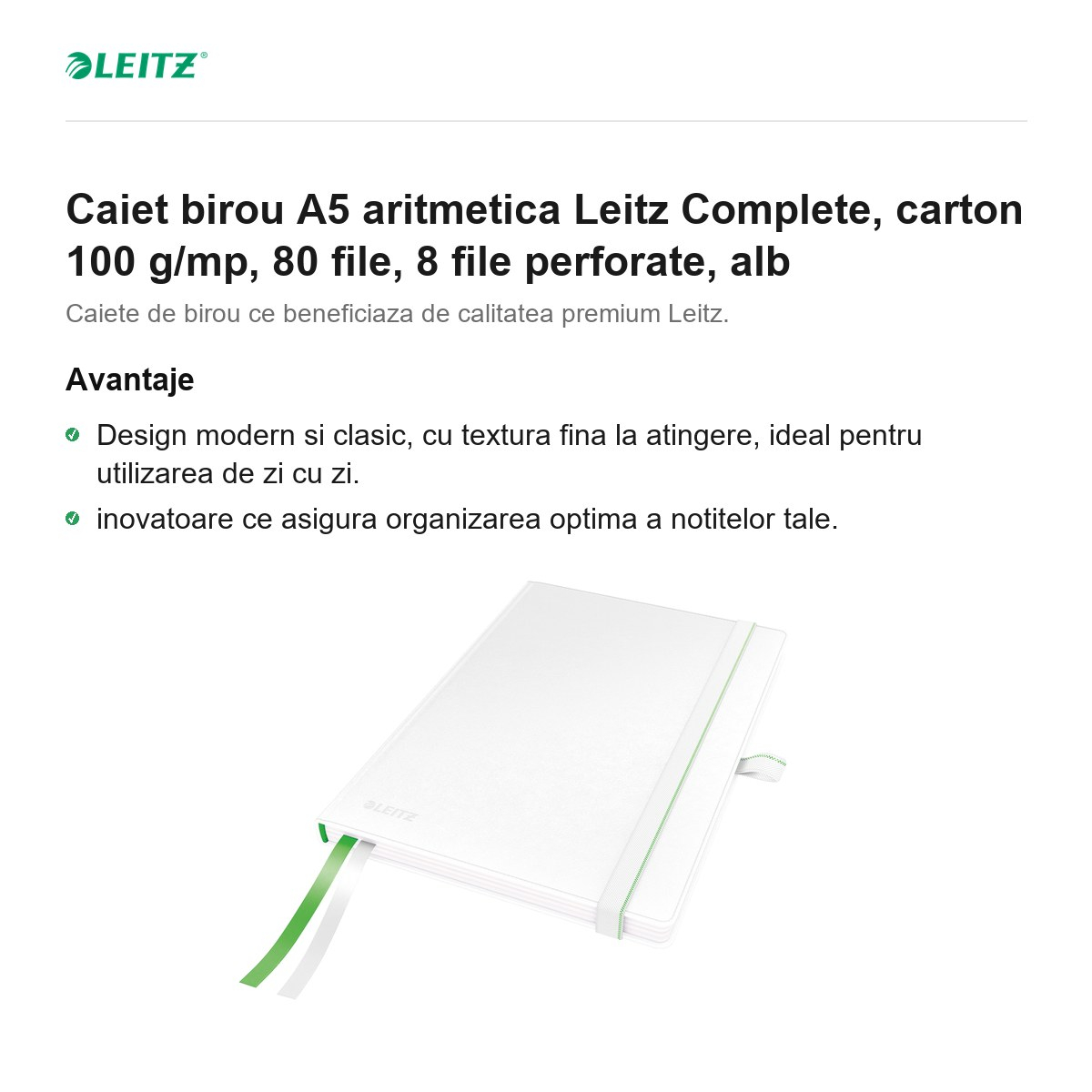 Caiet birou A5 aritmetica Leitz Complete, carton 100 g/mp, 80 file, 8 file perforate, alb [2]