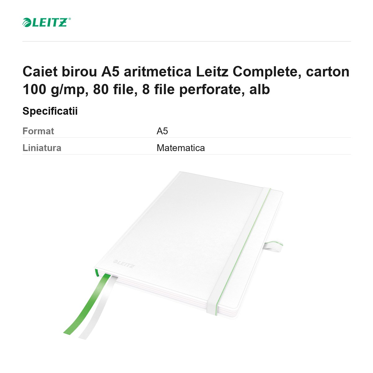 Caiet birou A5 aritmetica Leitz Complete, carton 100 g/mp, 80 file, 8 file perforate, alb [3]