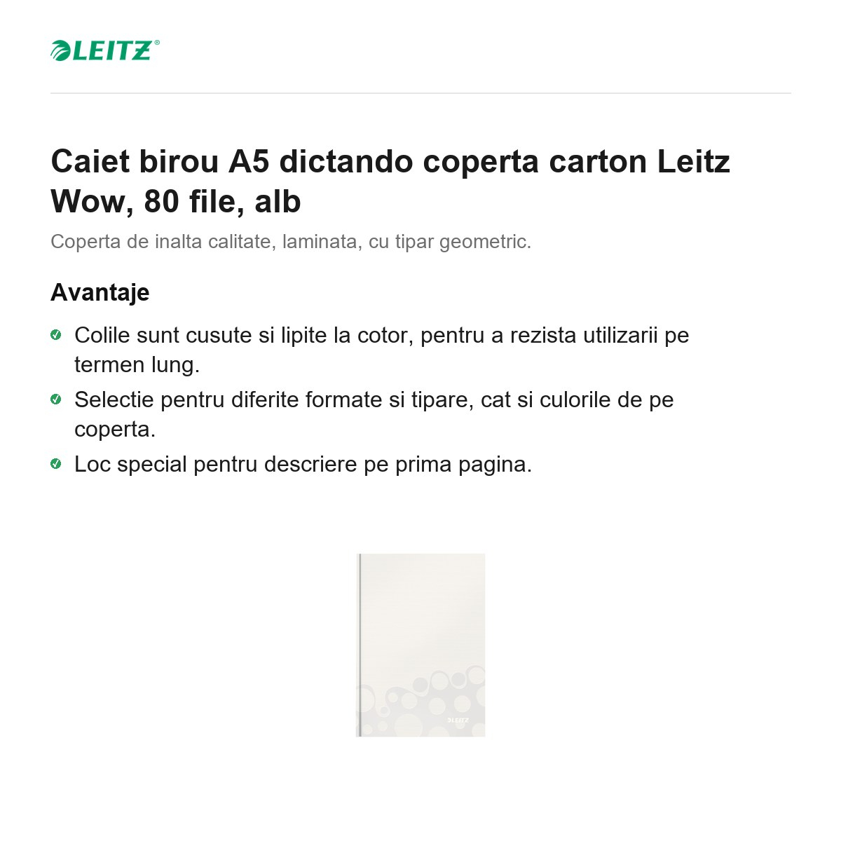 Caiet birou A5 dictando coperta carton Leitz Wow, 80 file, alb [2]