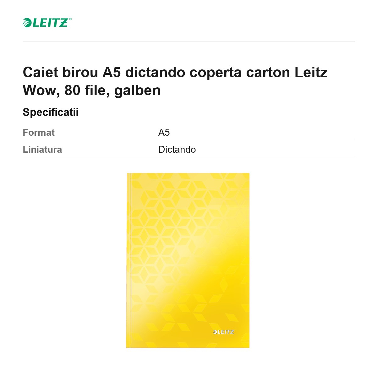 Caiet birou A5 dictando coperta carton Leitz Wow, 80 file, galben [3]