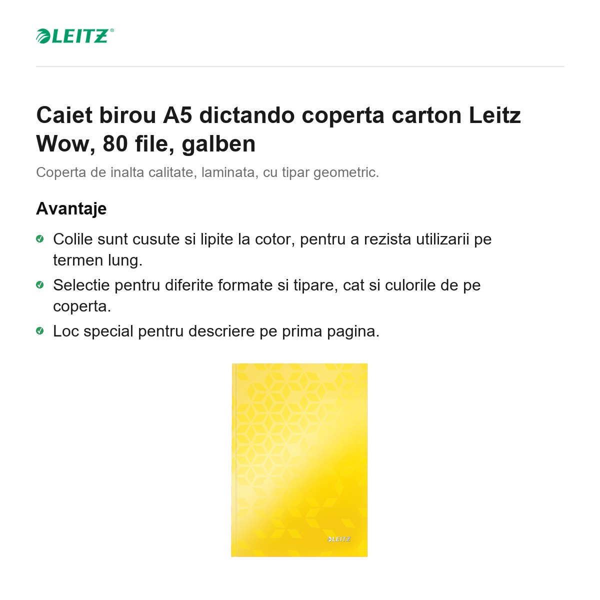 Caiet birou A5 dictando coperta carton Leitz Wow, 80 file, galben [2]
