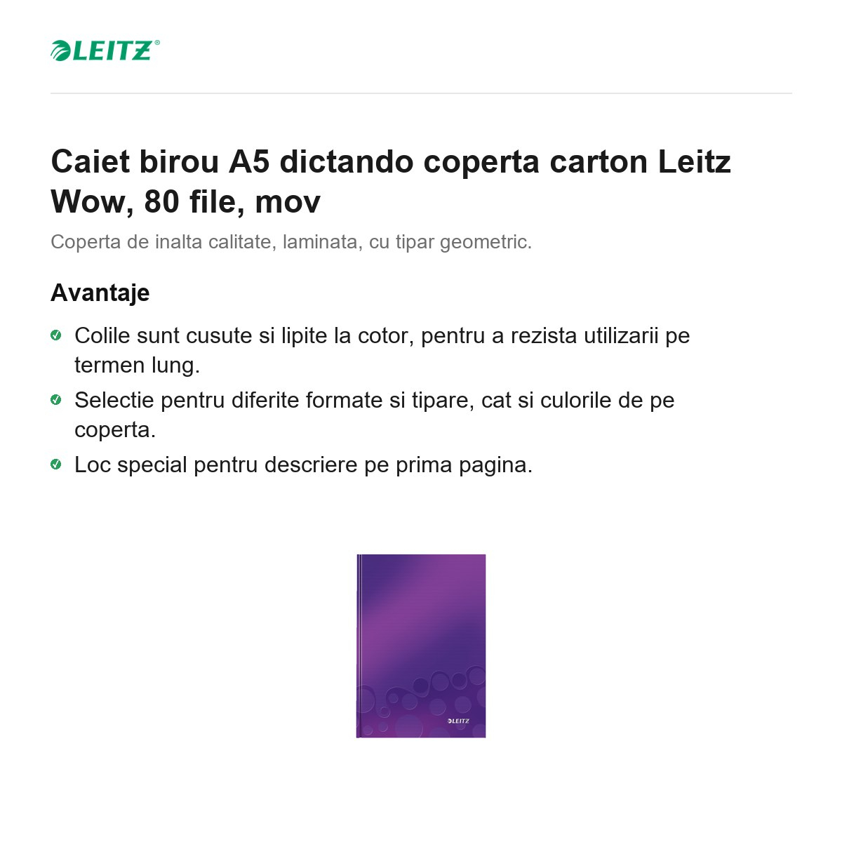 Caiet birou A5 dictando coperta carton Leitz Wow, 80 file, mov [2]