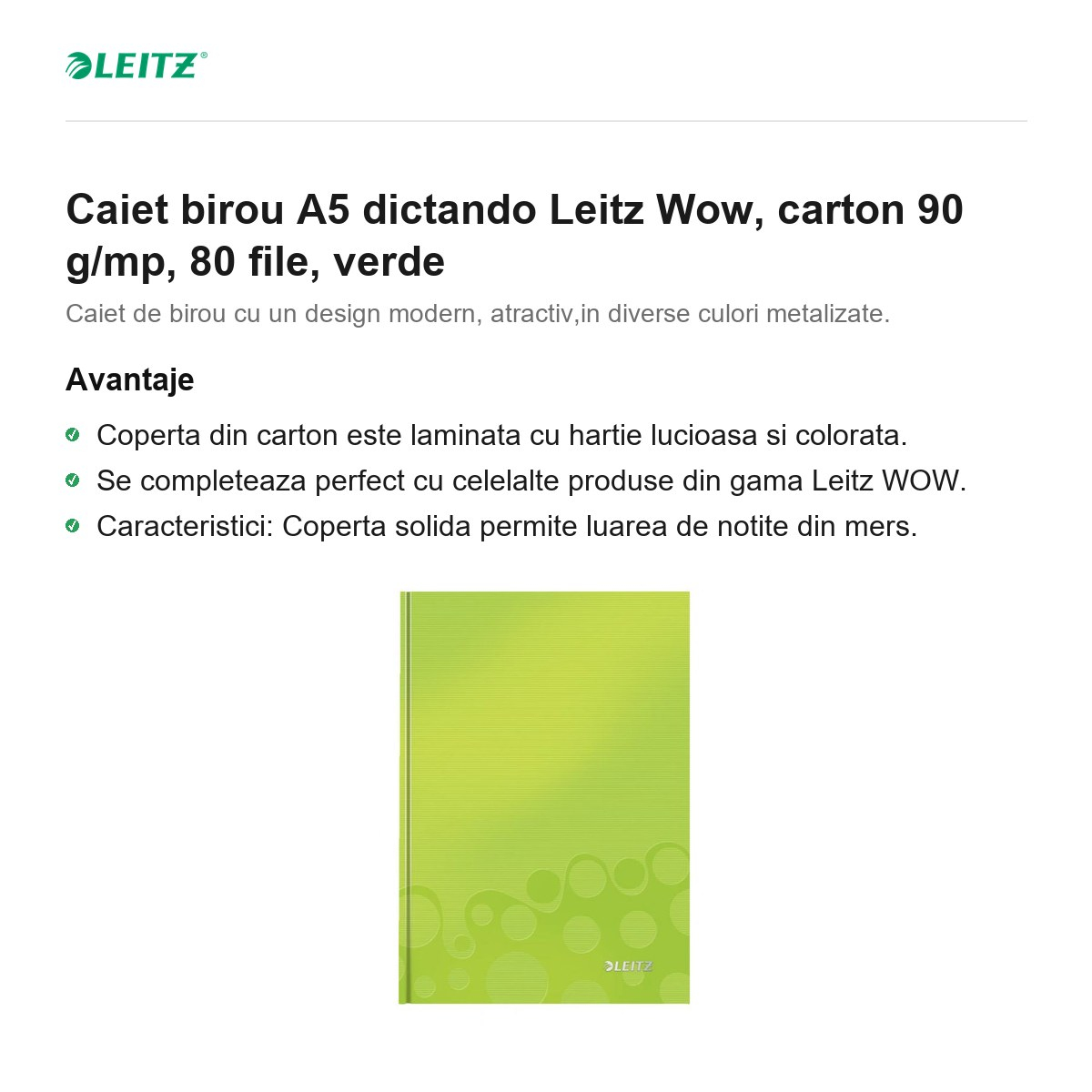 Caiet birou A5 dictando Leitz Wow, carton 90 g/mp, 80 file, verde [2]