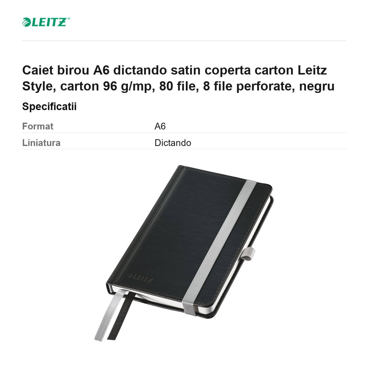 Caiet birou A6 dictando satin coperta carton Leitz Style, carton 96 g/mp, 80 file, 8 file perforate, negru [3]