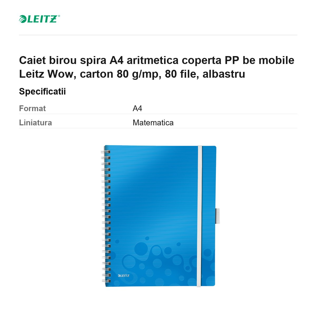 Caiet birou spira A4 aritmetica coperta PP be mobile Leitz Wow, carton 80 g/mp, 80 file, albastru [3]
