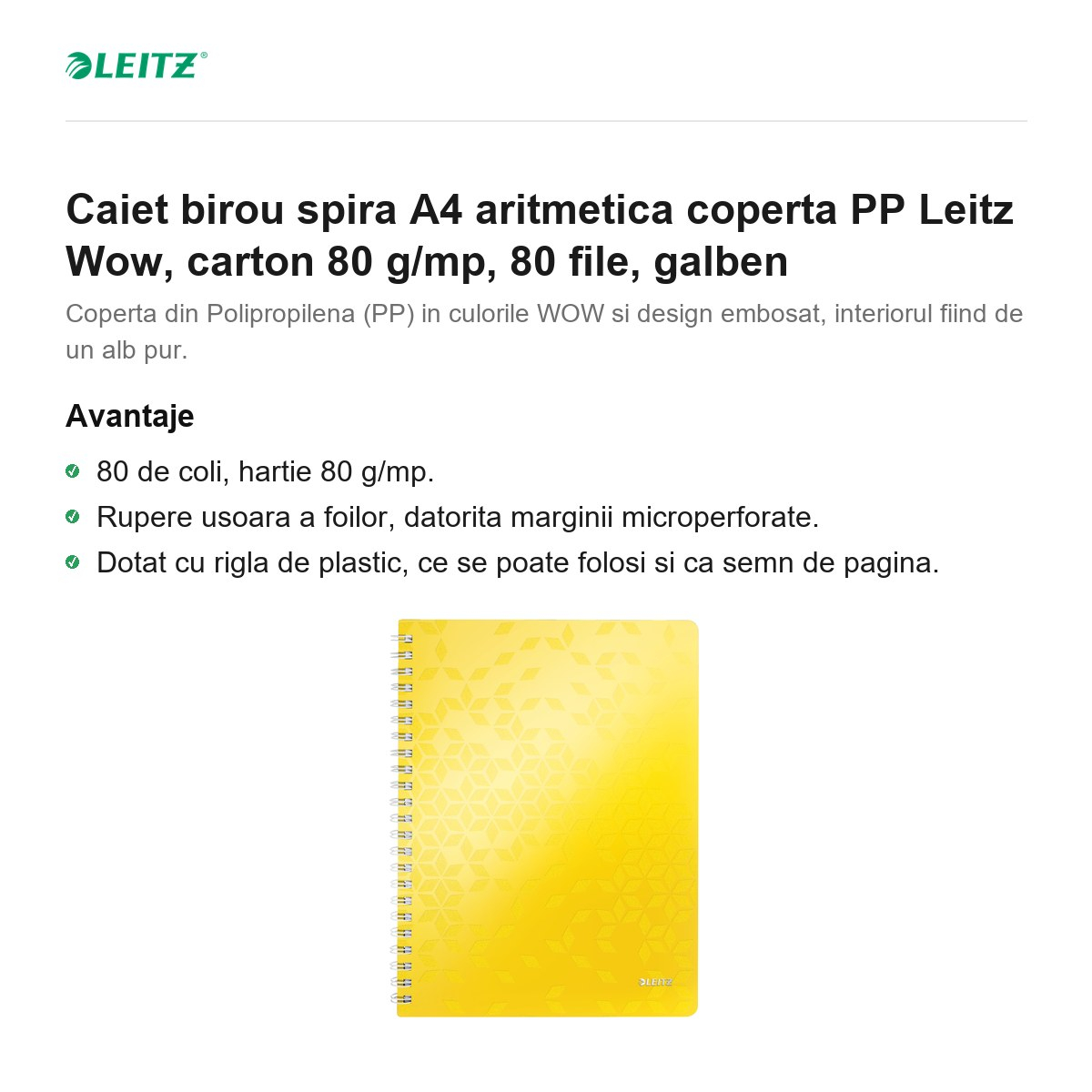 Caiet birou spira A4 aritmetica coperta PP Leitz Wow, carton 80 g/mp, 80 file, galben [2]