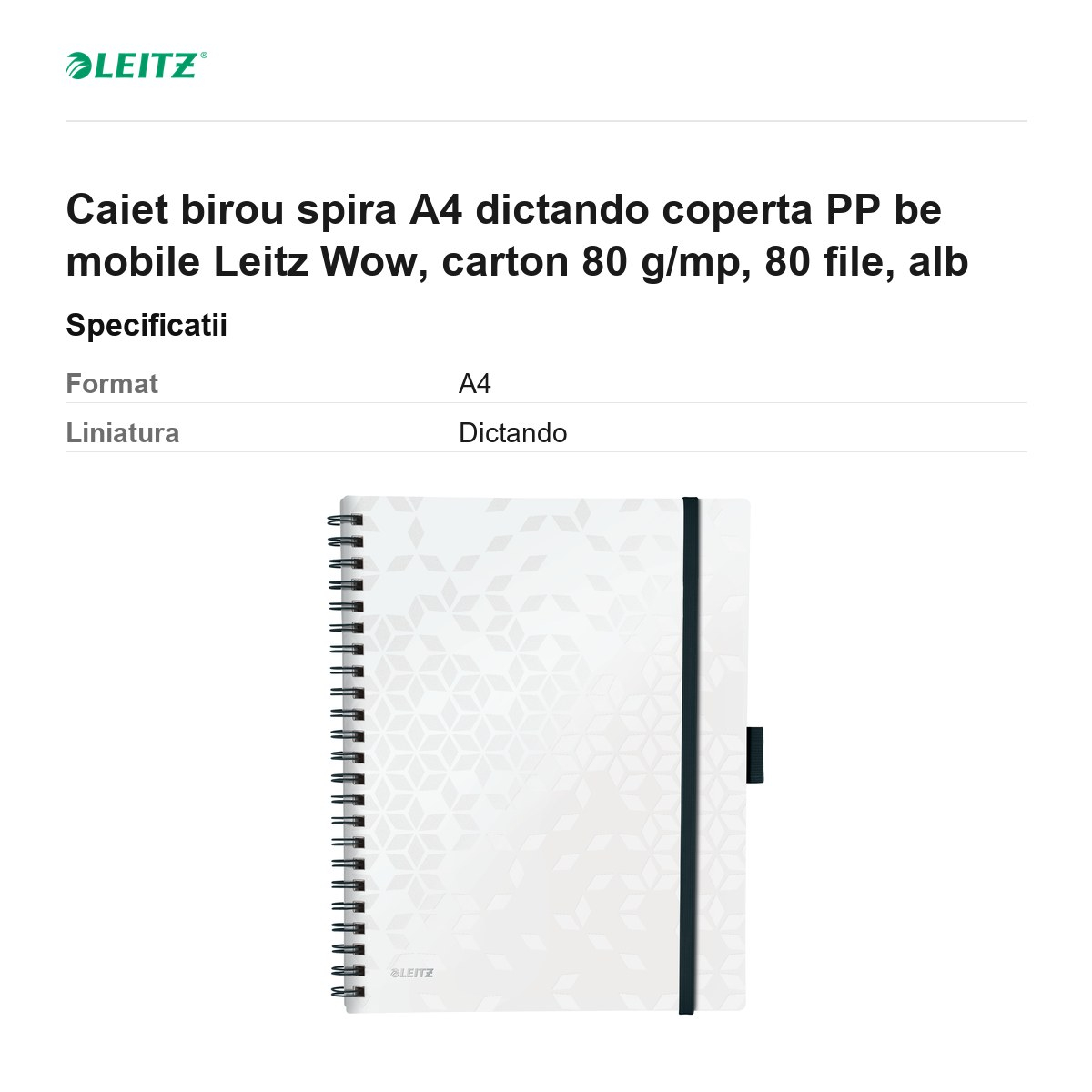 Caiet birou spira A4 dictando coperta PP be mobile Leitz Wow, carton 80 g/mp, 80 file, alb [3]