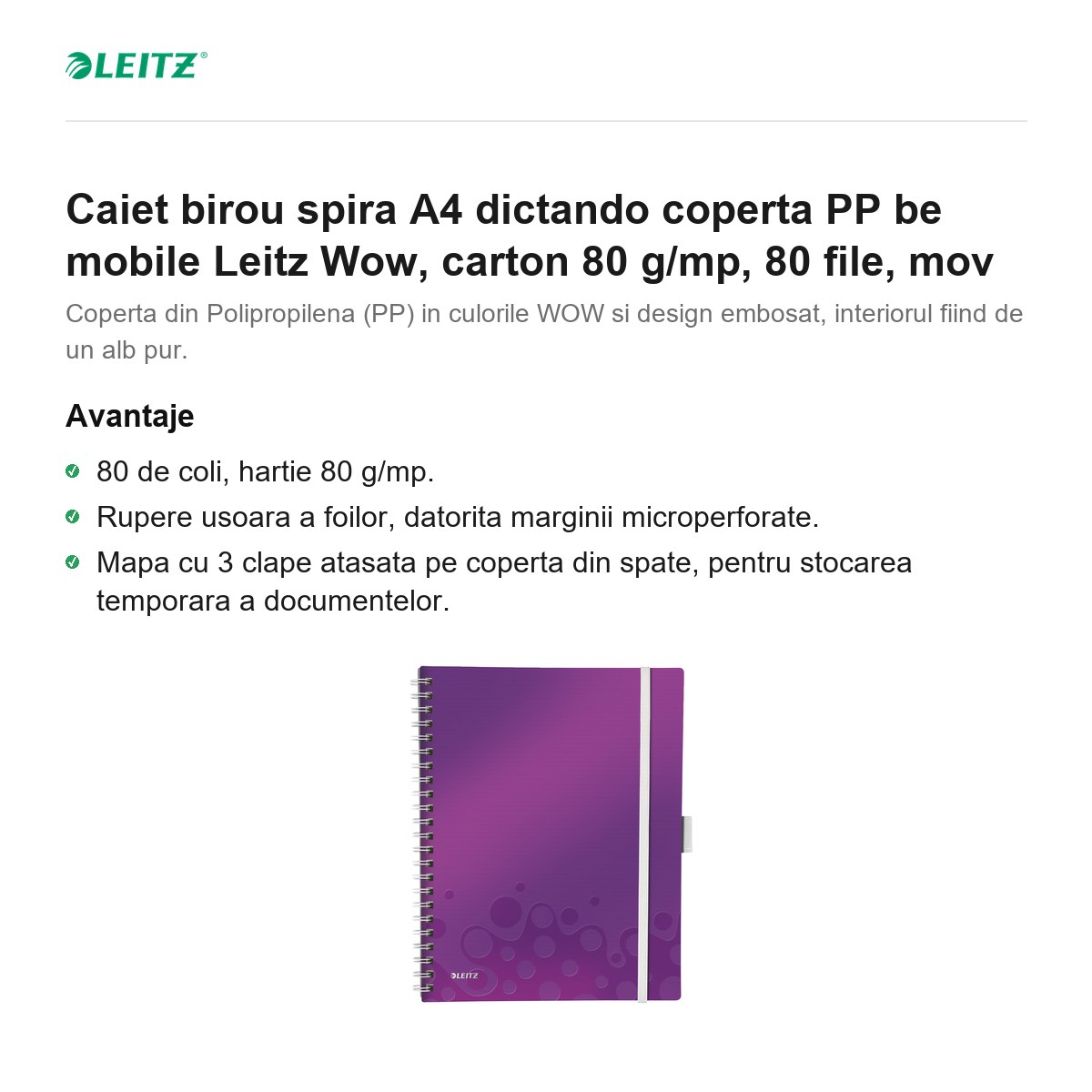 Caiet birou spira A4 dictando coperta PP be mobile Leitz Wow, carton 80 g/mp, 80 file, mov [2]