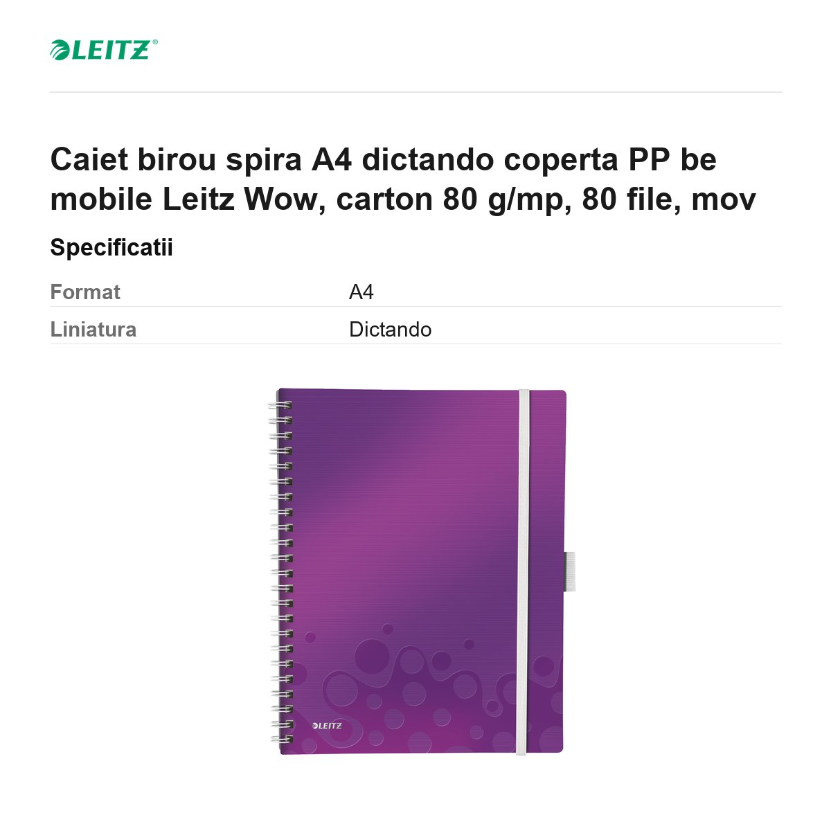 Caiet birou spira A4 dictando coperta PP be mobile Leitz Wow, carton 80 g/mp, 80 file, mov [3]