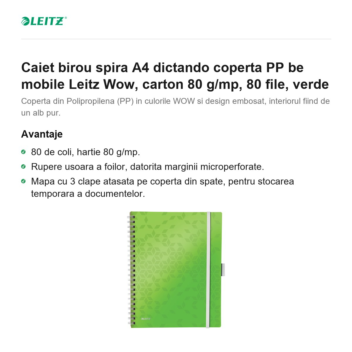 Caiet birou spira A4 dictando coperta PP be mobile Leitz Wow, carton 80 g/mp, 80 file, verde [2]