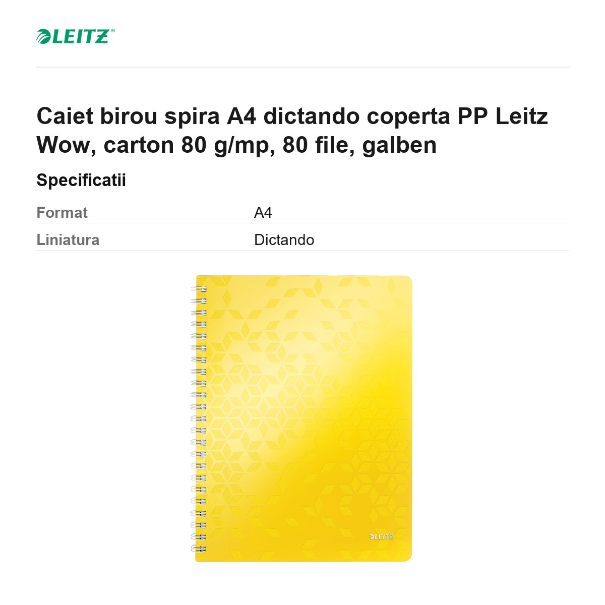 Caiet birou spira A4 dictando coperta PP Leitz Wow, carton 80 g/mp, 80 file, galben [3]