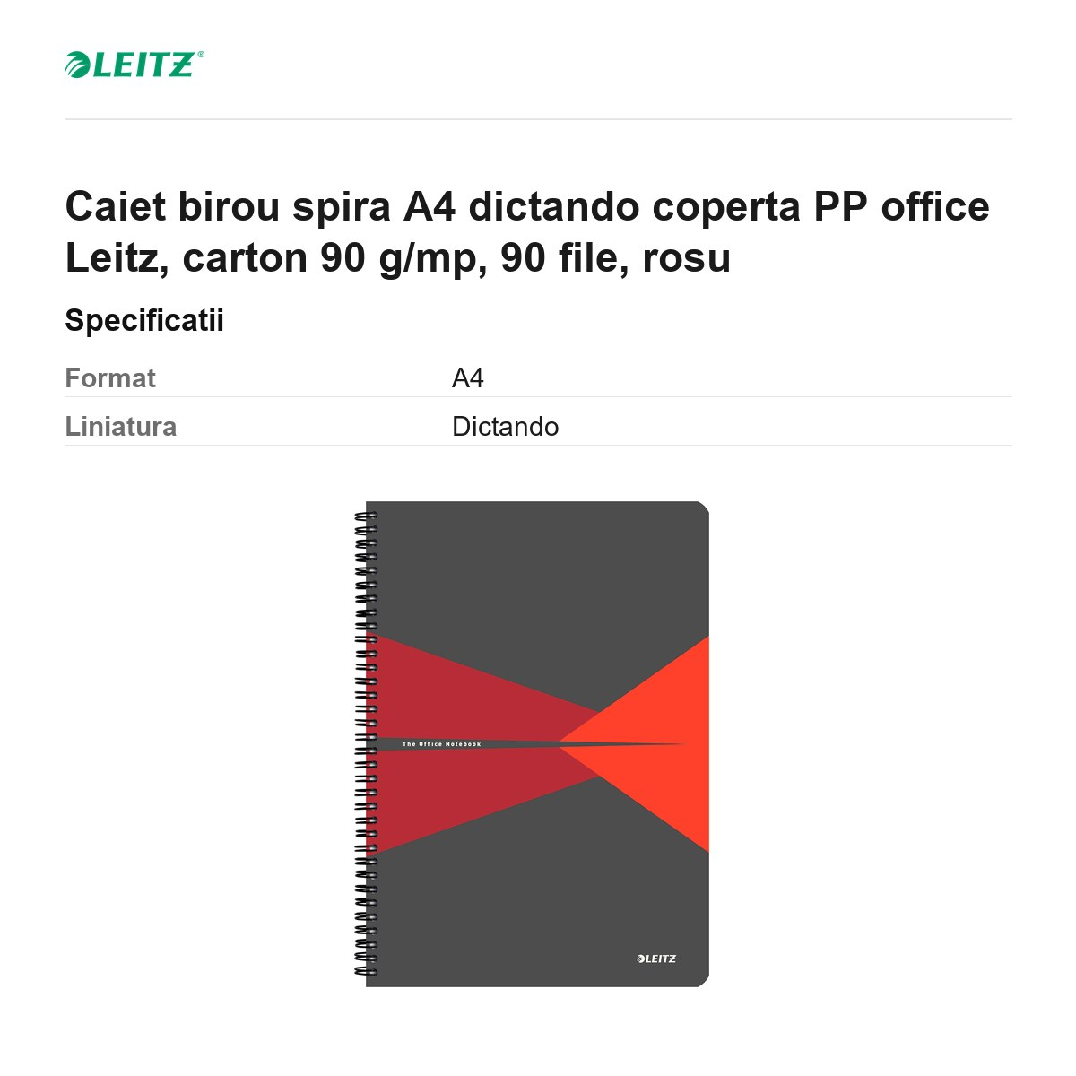 Caiet birou spira A4 dictando coperta PP office Leitz, carton 90 g/mp, 90 file, rosu [3]