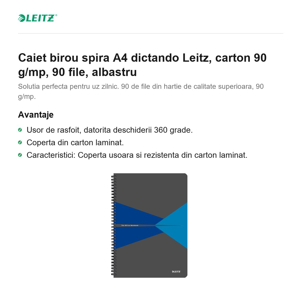 Caiet birou spira A4 dictando Leitz, carton 90 g/mp, 90 file, albastru [2]