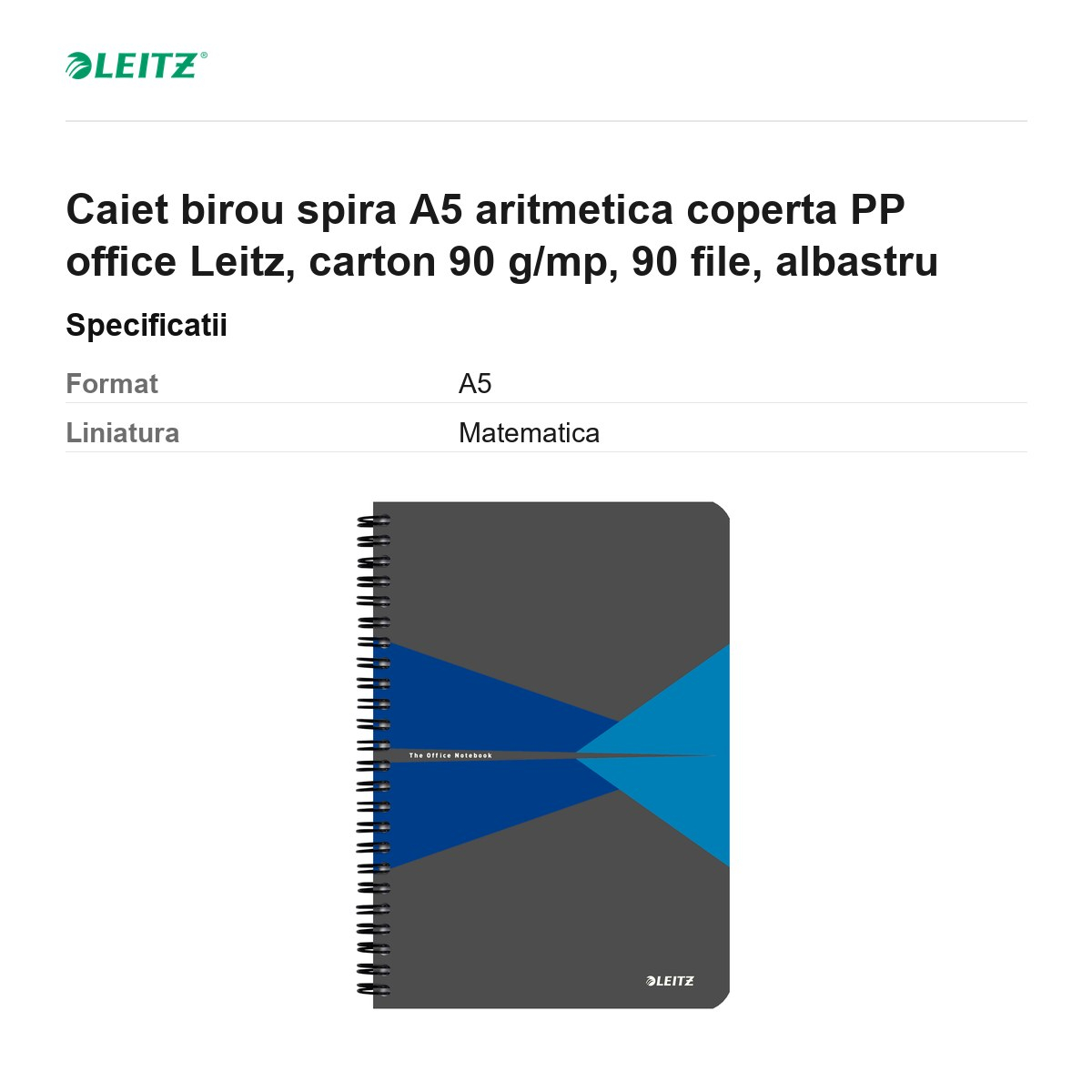 Caiet birou spira A5 aritmetica coperta PP office Leitz, carton 90 g/mp, 90 file, albastru [3]